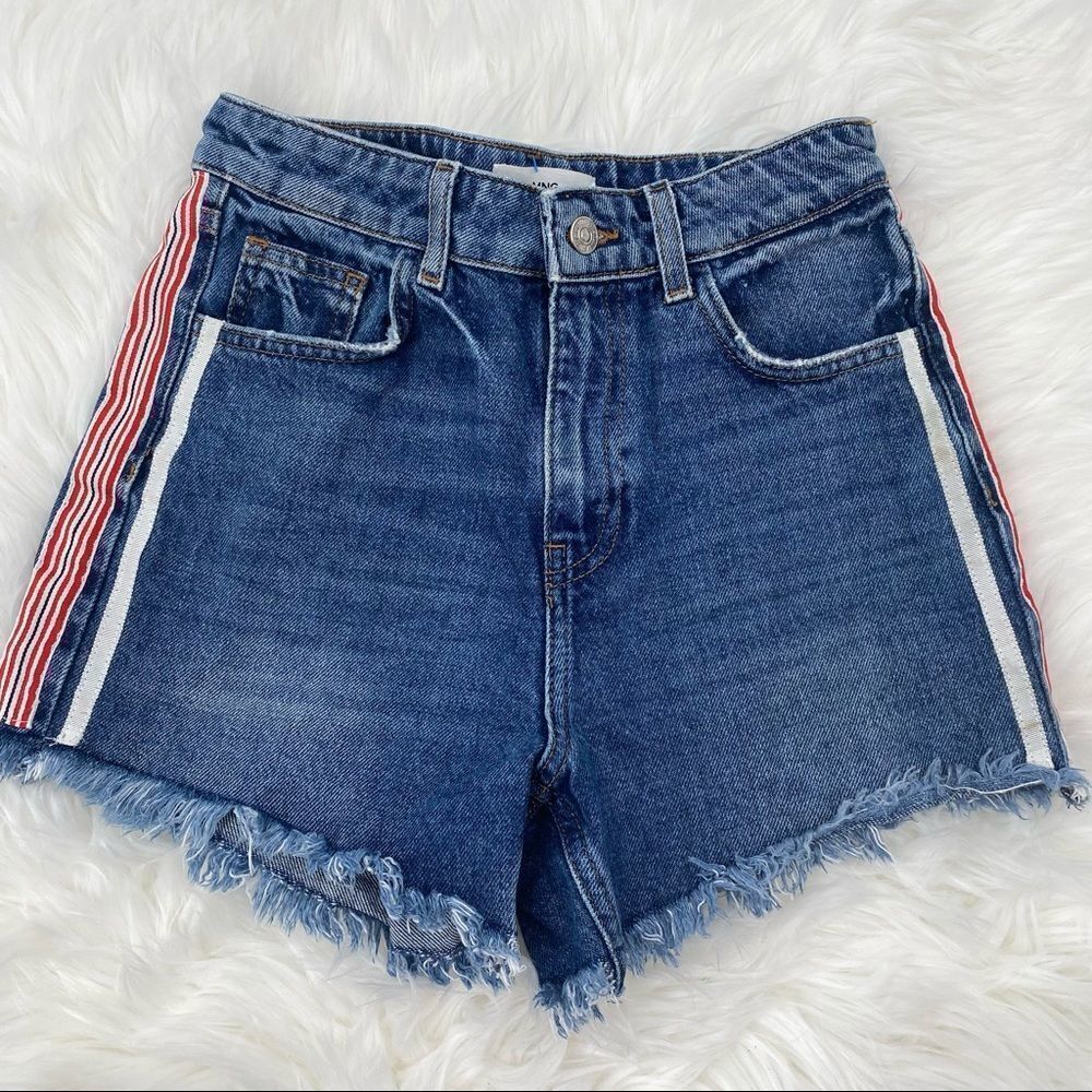 Mango High Waisted Festival Striped Jean Shorts 2 cut‎ off denim concert rocker